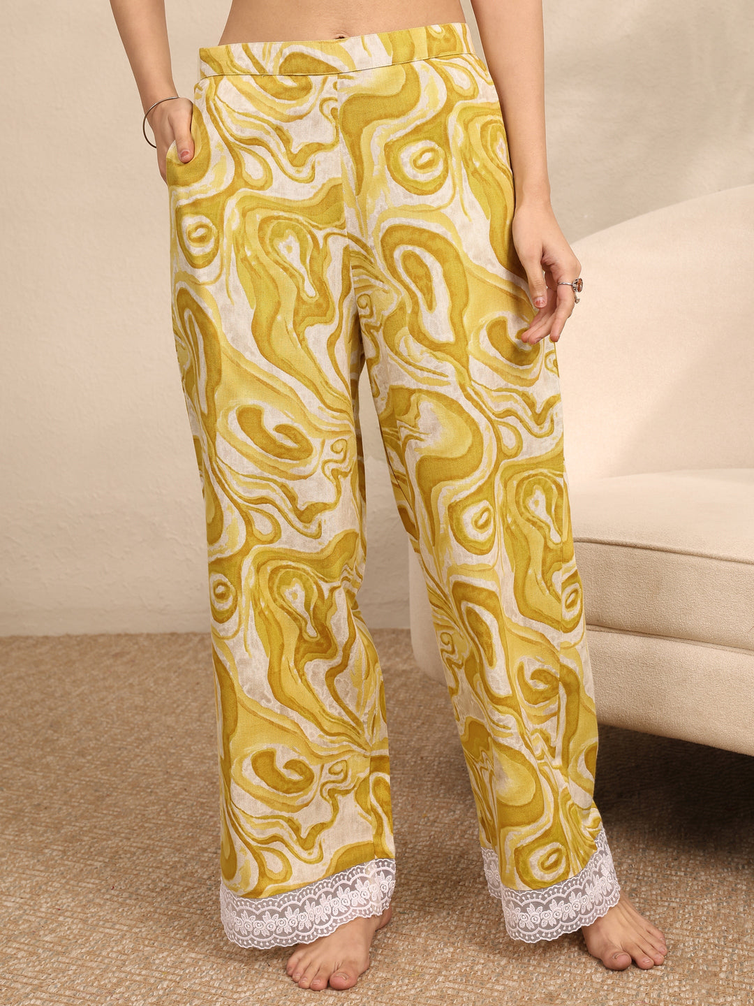  Yellow Printed Cotton Night Suit 
