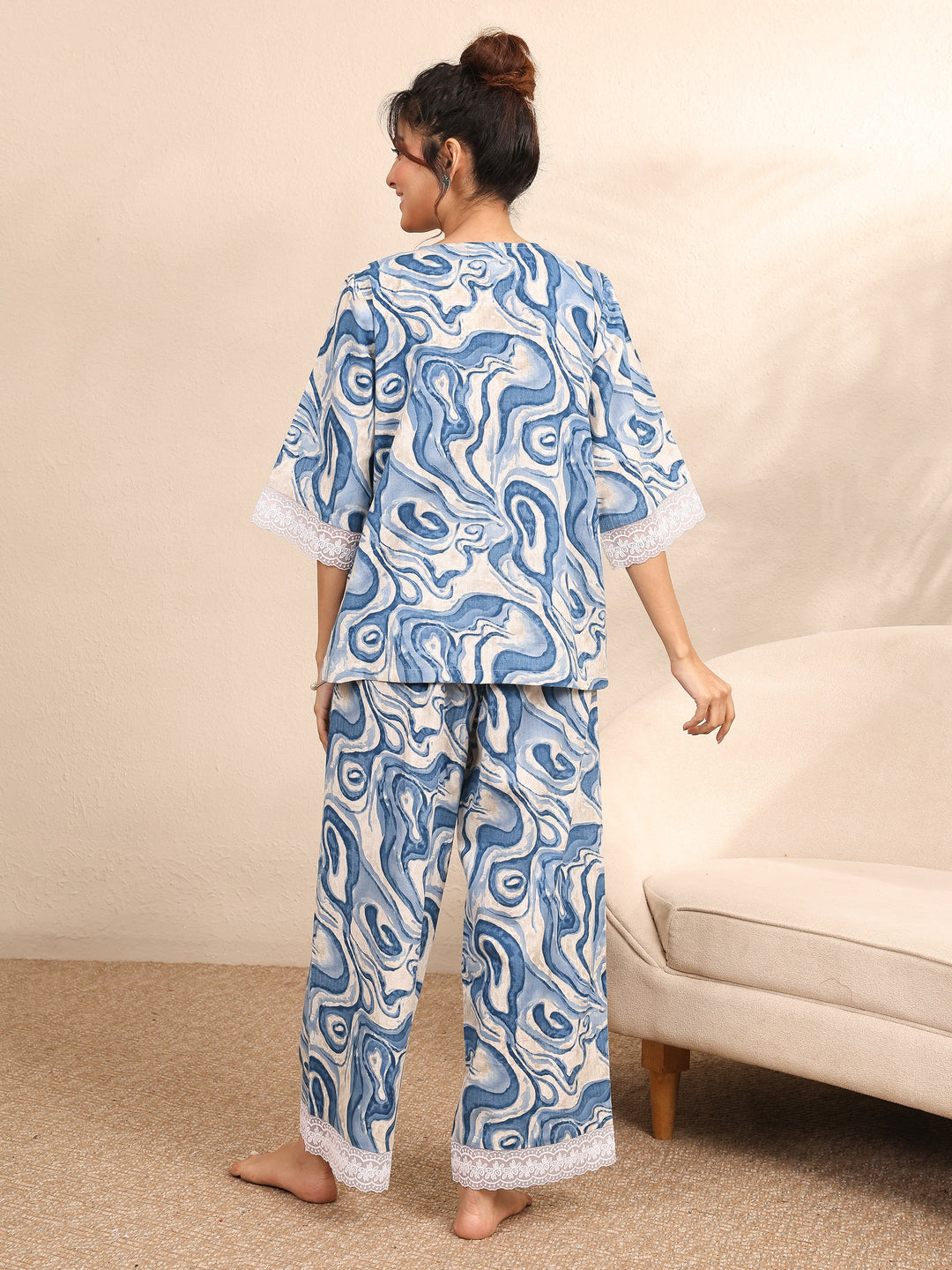  Blue Printed Cotton Night Suit 