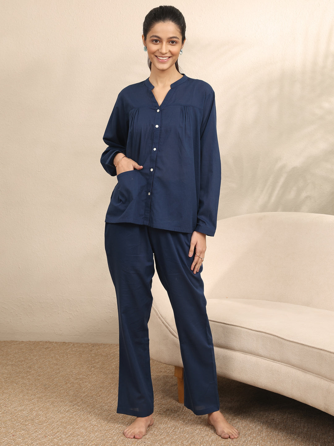  Blue Printed Cotton Night Suit 