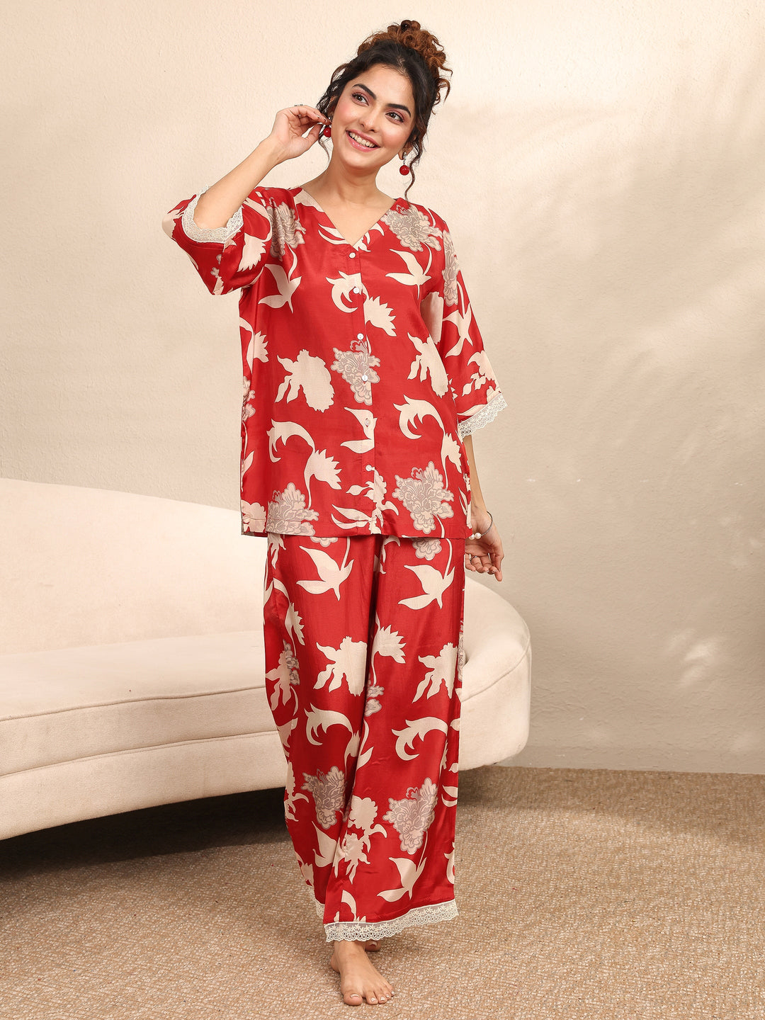  Red Printed Silk Blend Night Suit 
