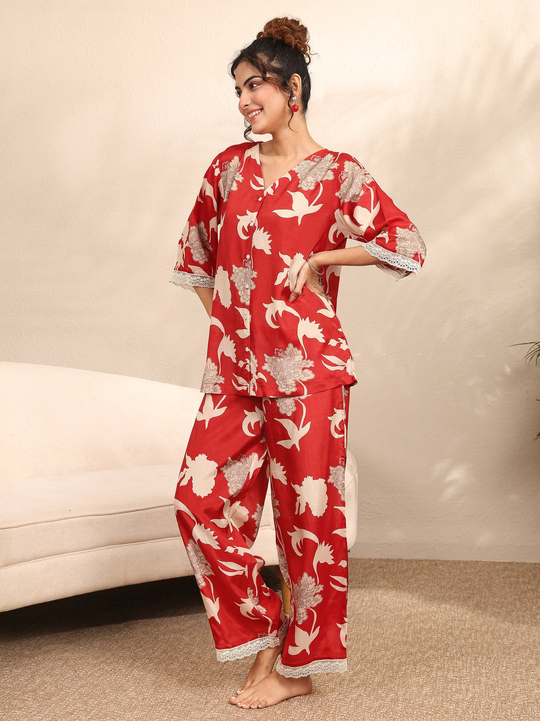  Red Printed Silk Blend Night Suit 