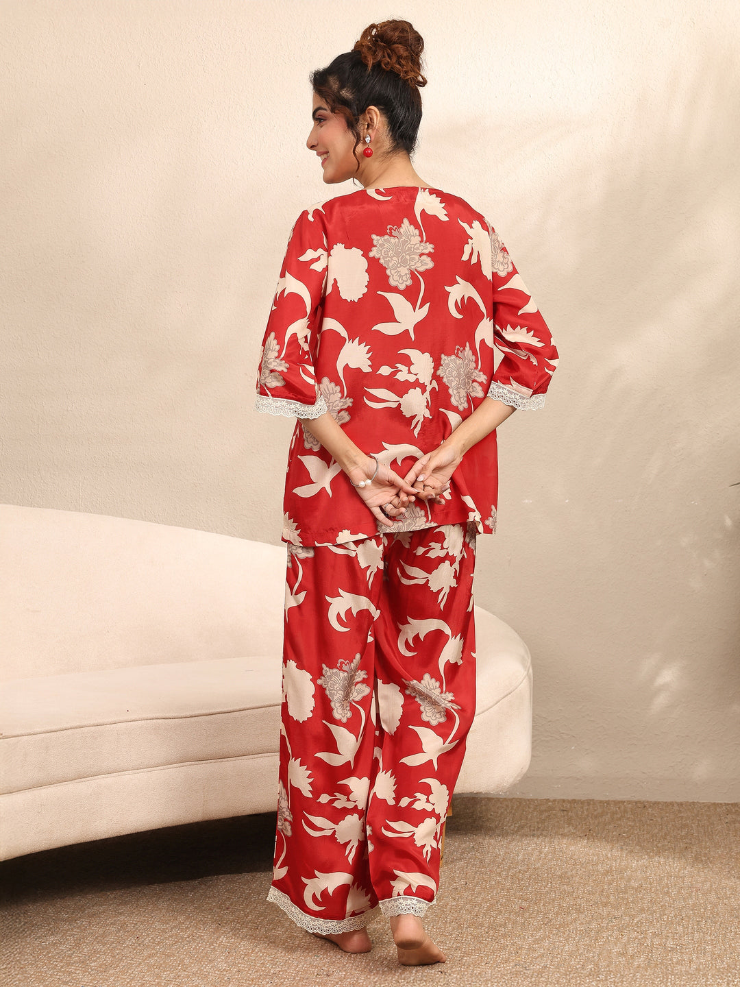  Red Printed Silk Blend Night Suit 