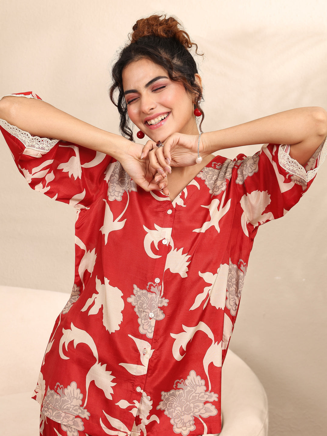  Red Printed Silk Blend Night Suit 