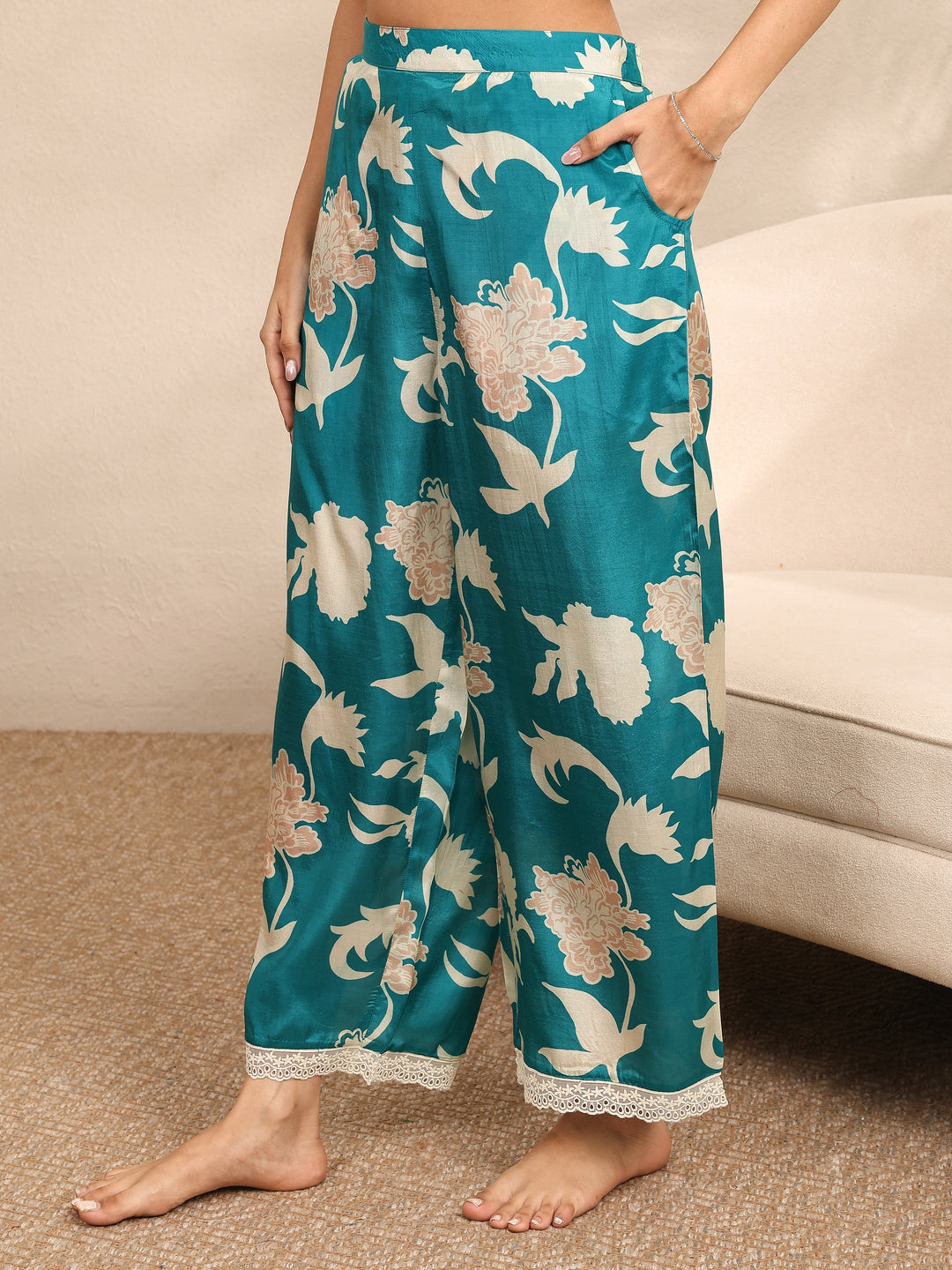  Blue Printed Silk Blend Night Suit 