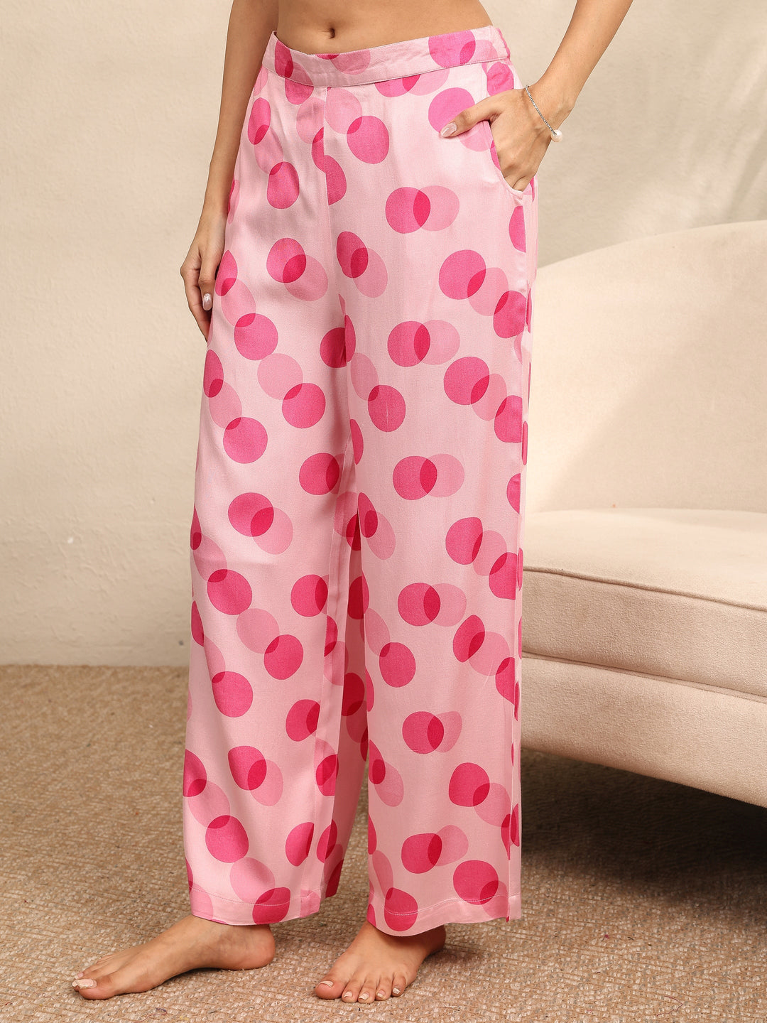  Pink Printed Silk Blend Night Suit 