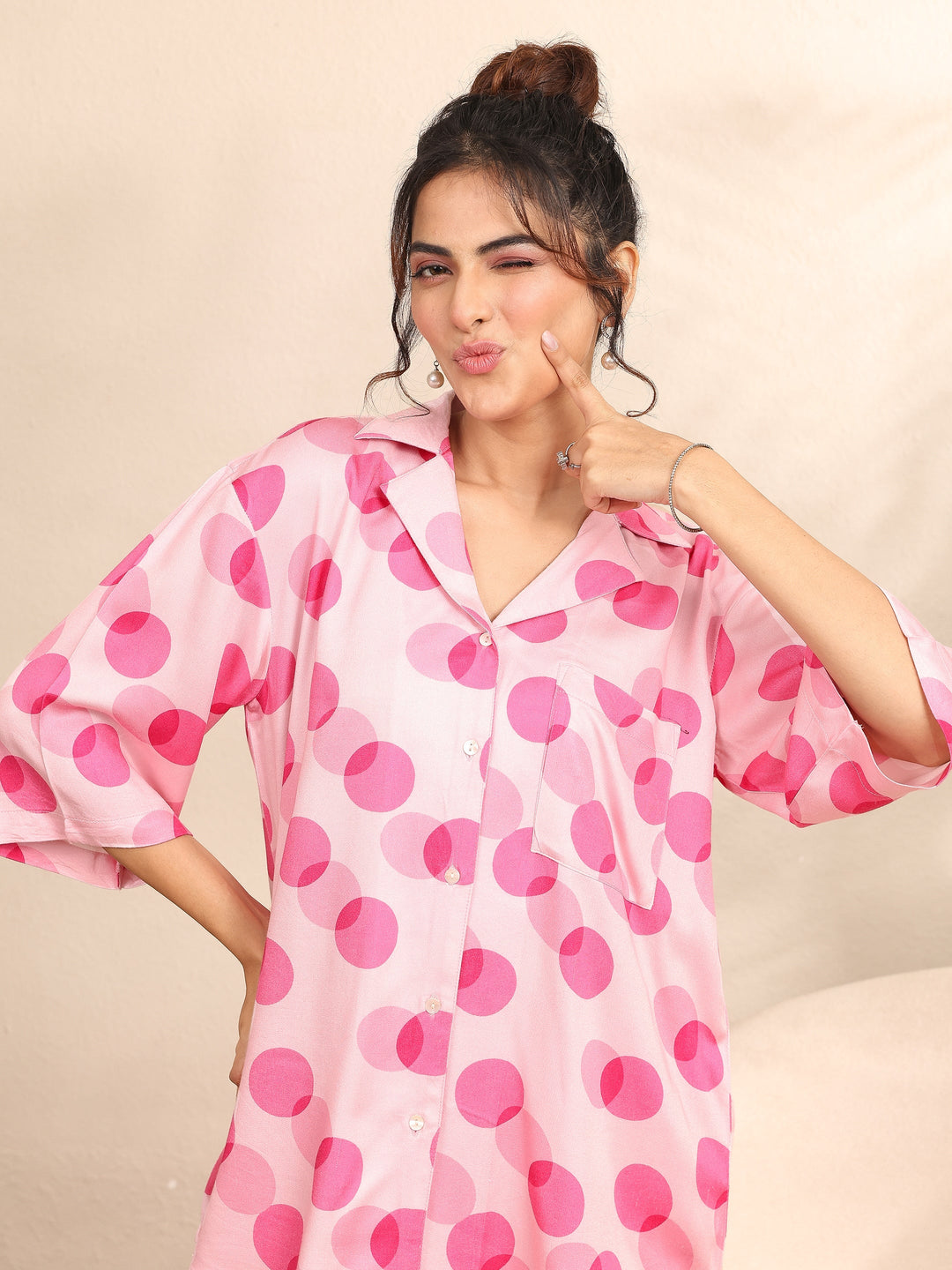  Pink Printed Silk Blend Night Suit 