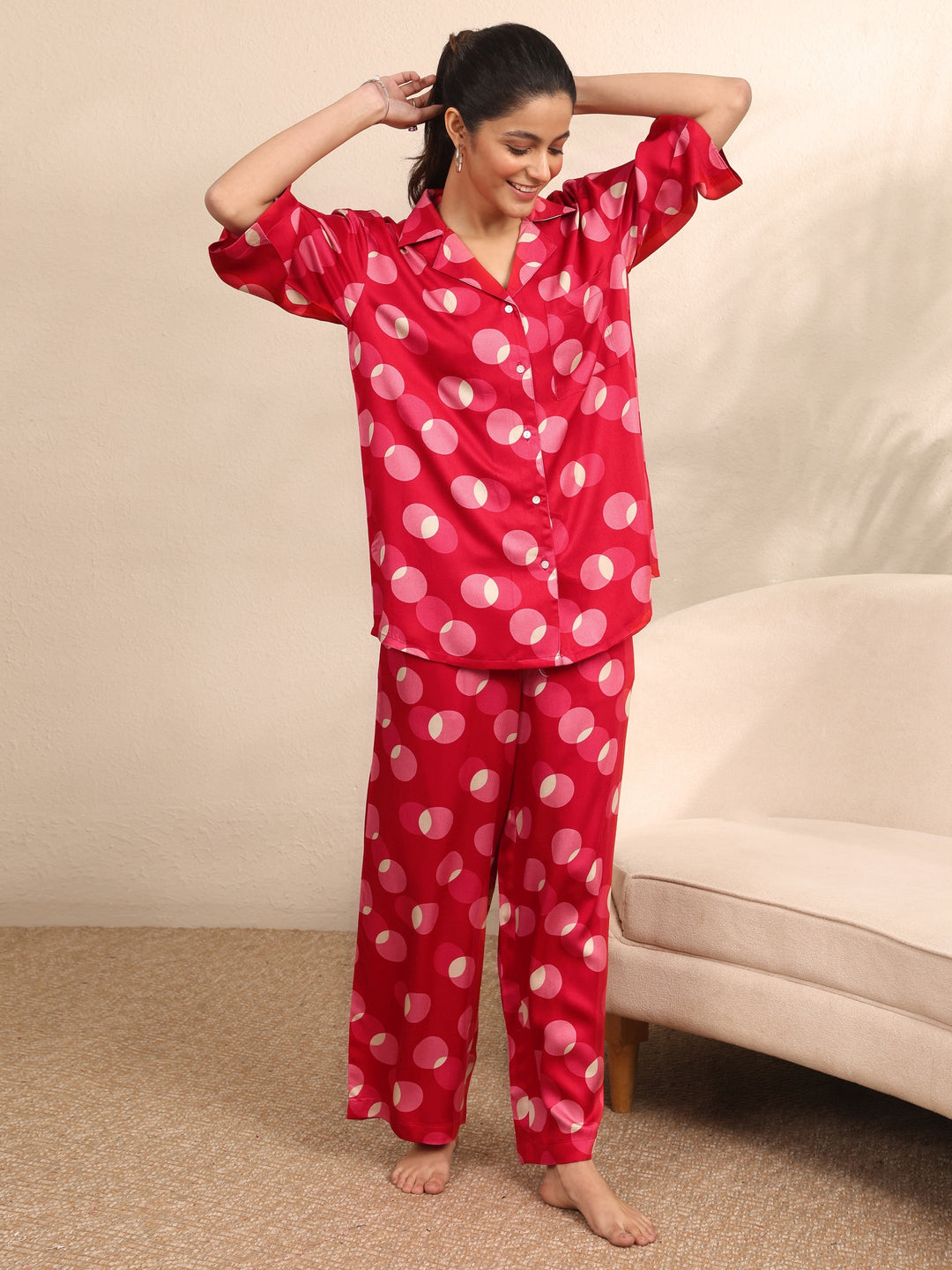  Red Printed Silk Blend Night Suit 