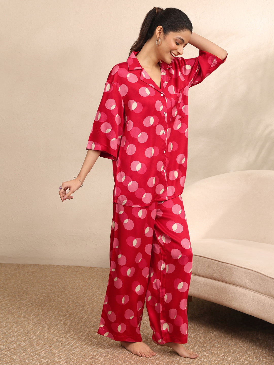  Red Printed Silk Blend Night Suit 