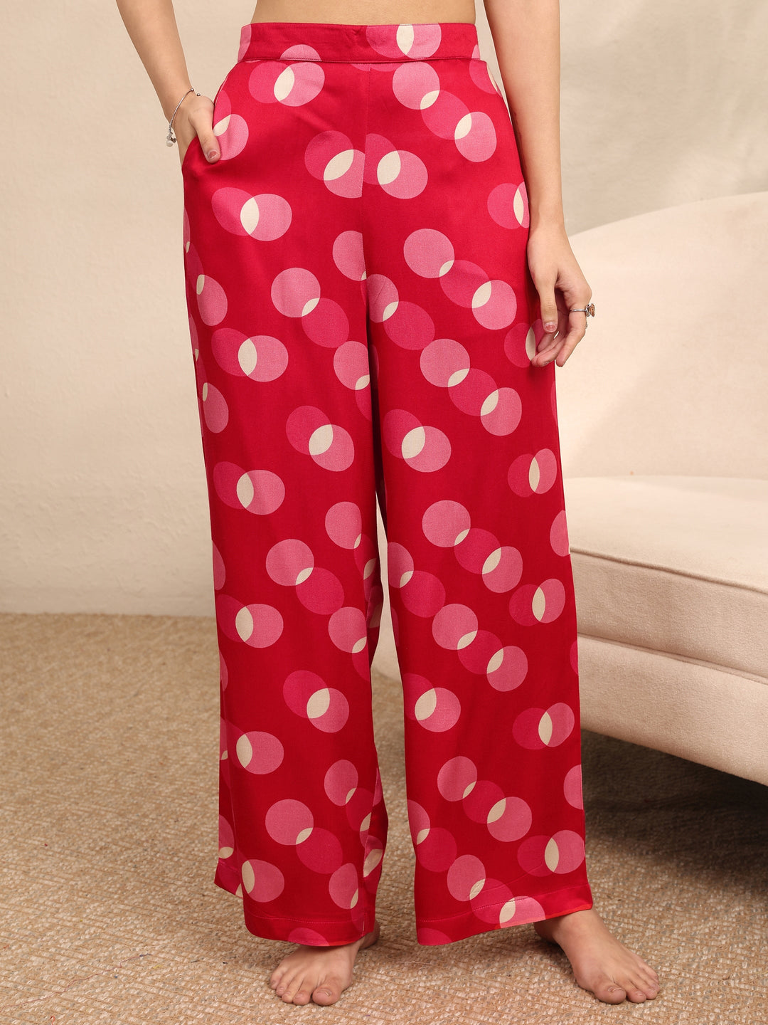  Red Printed Silk Blend Night Suit 