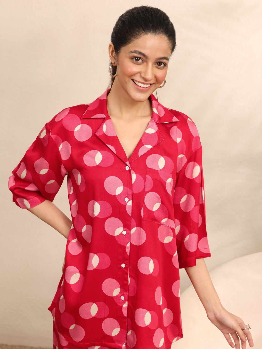  Red Printed Silk Blend Night Suit 