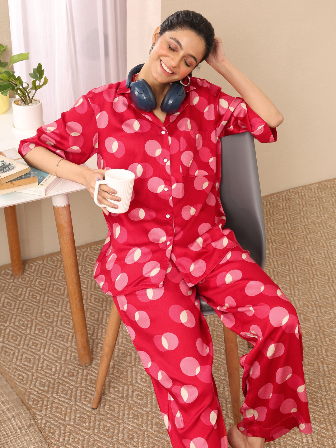  Red Printed Silk Blend Night Suit 
