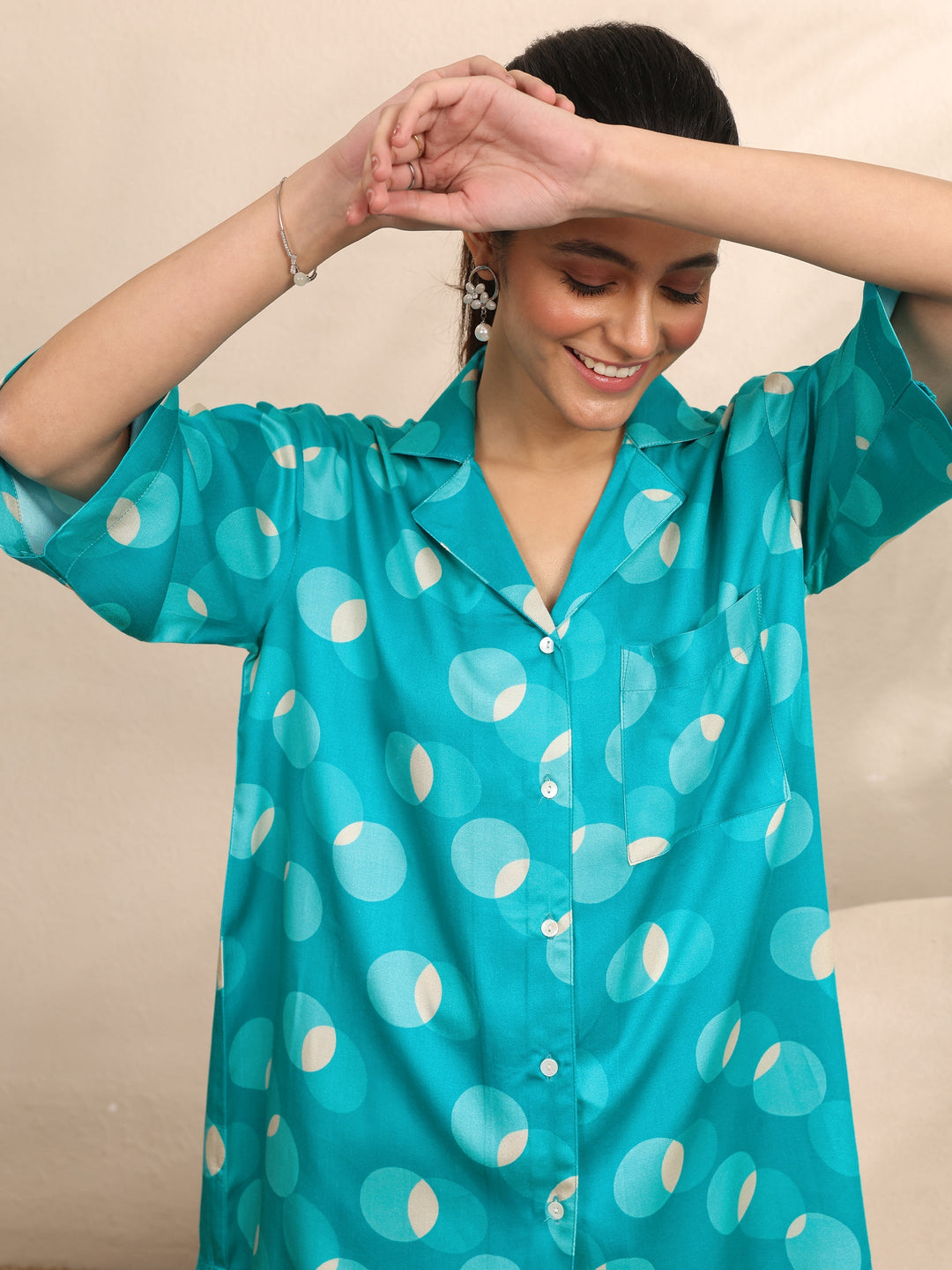  Blue Printed Silk Blend Night Suit 