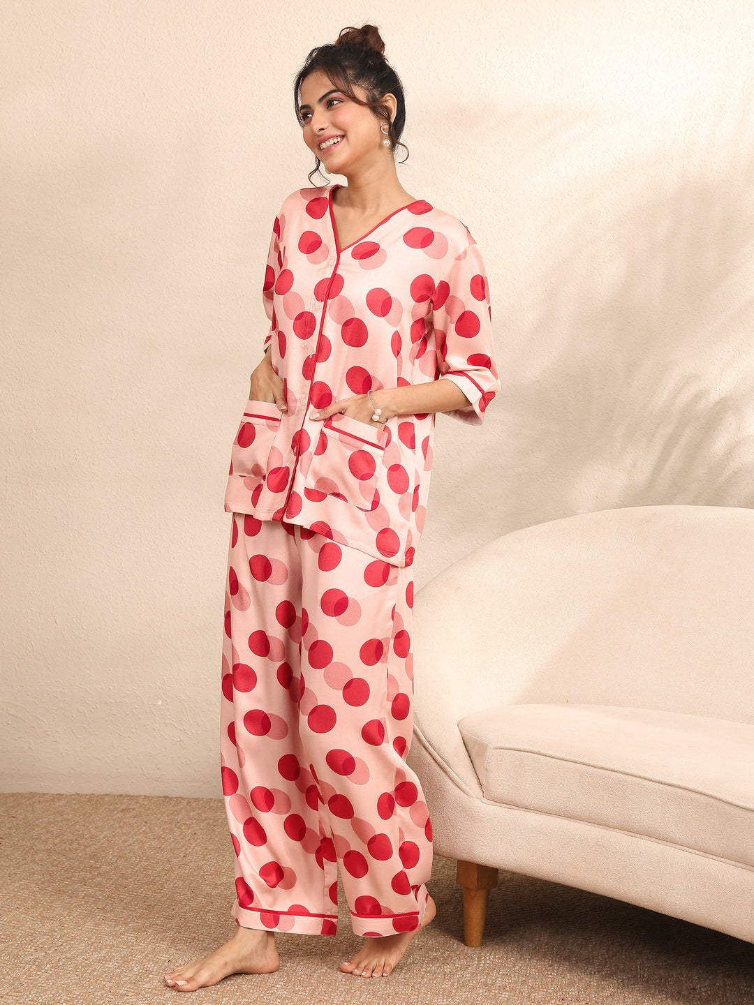  Peach Printed Silk Blend Night Suit 