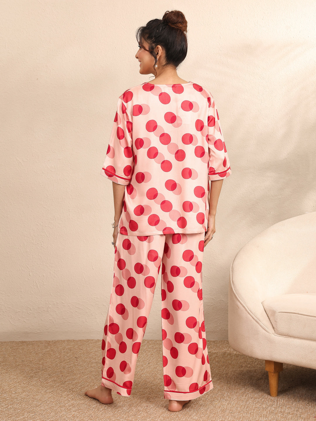  Peach Printed Silk Blend Night Suit 