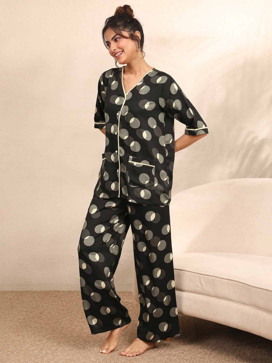  Black Printed Silk Blend Night Suit 