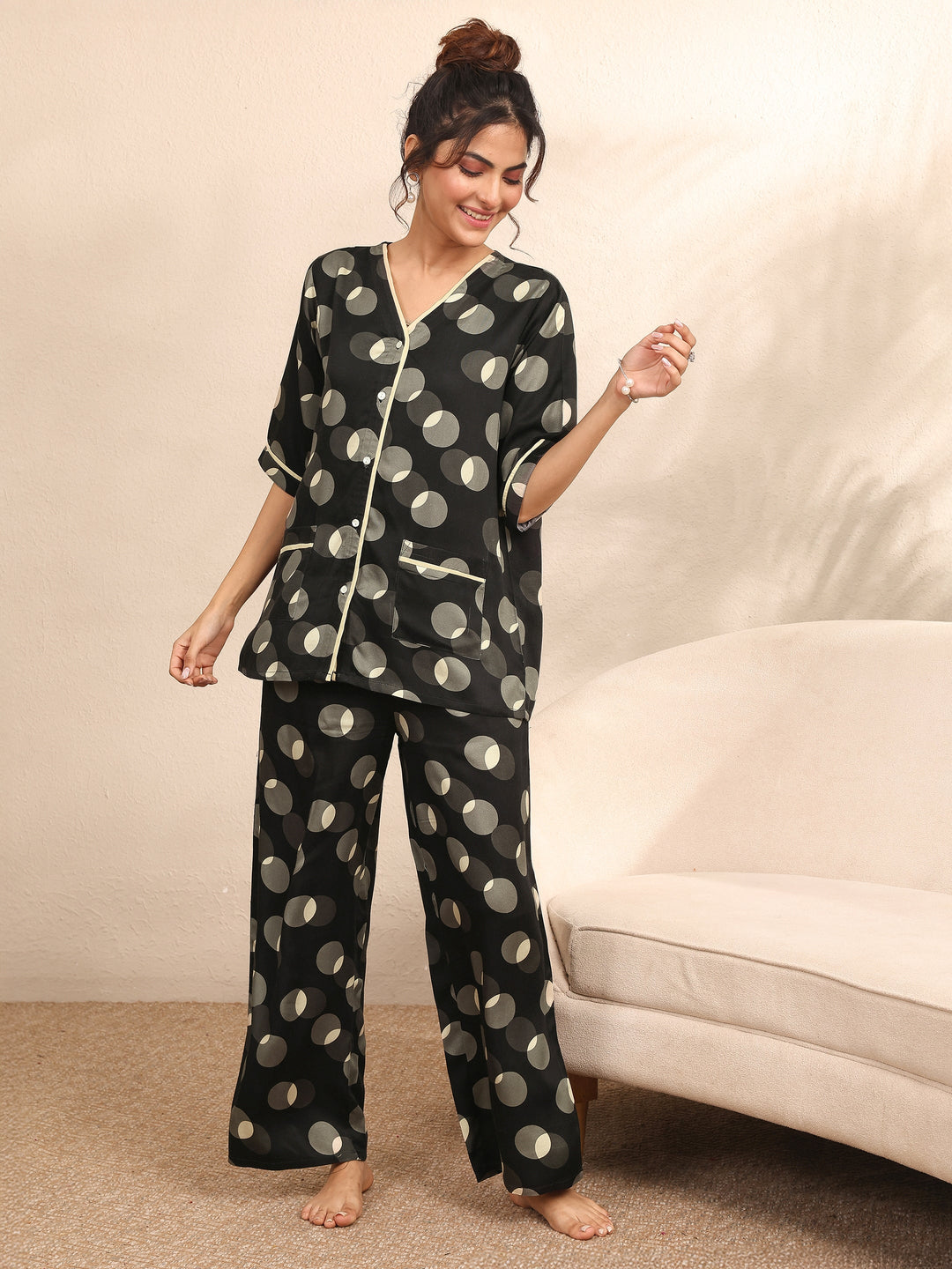  Black Printed Silk Blend Night Suit 