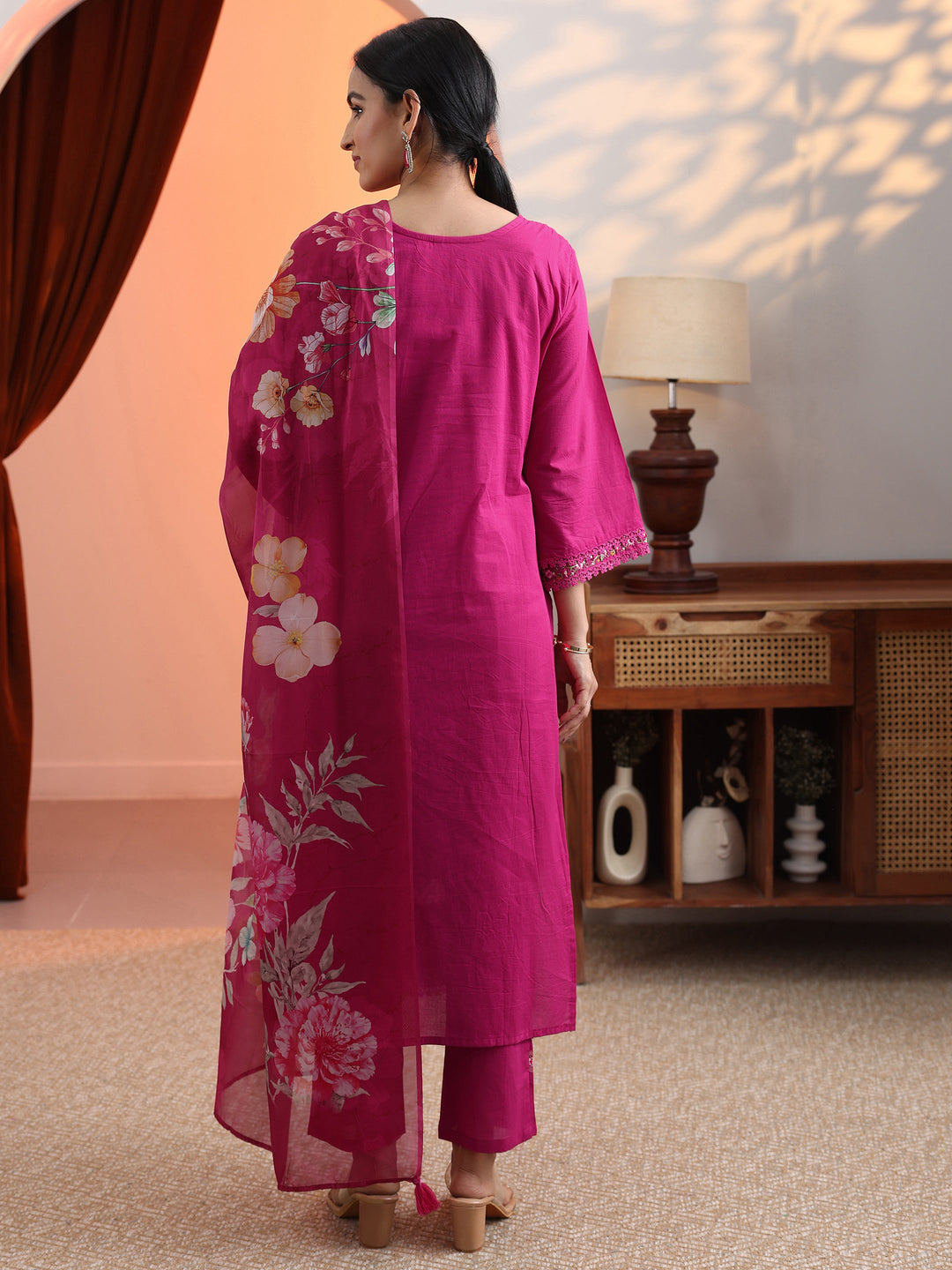  Pink Embroidered Cotton Straight Suit Set With Dupatta 