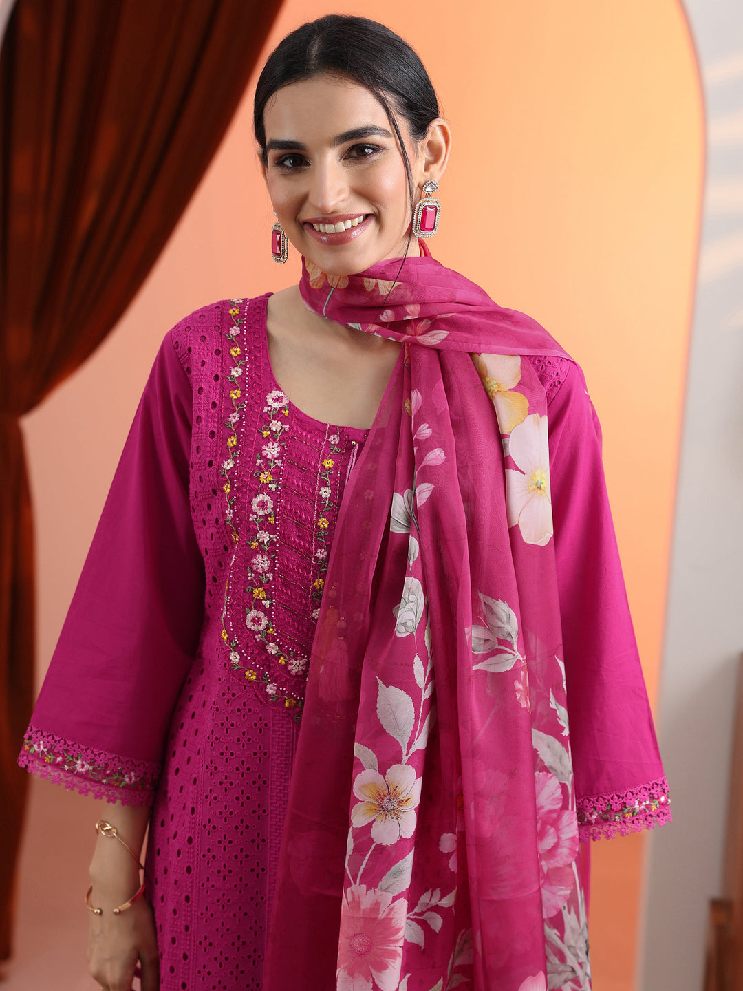  Pink Embroidered Cotton Straight Suit Set With Dupatta 