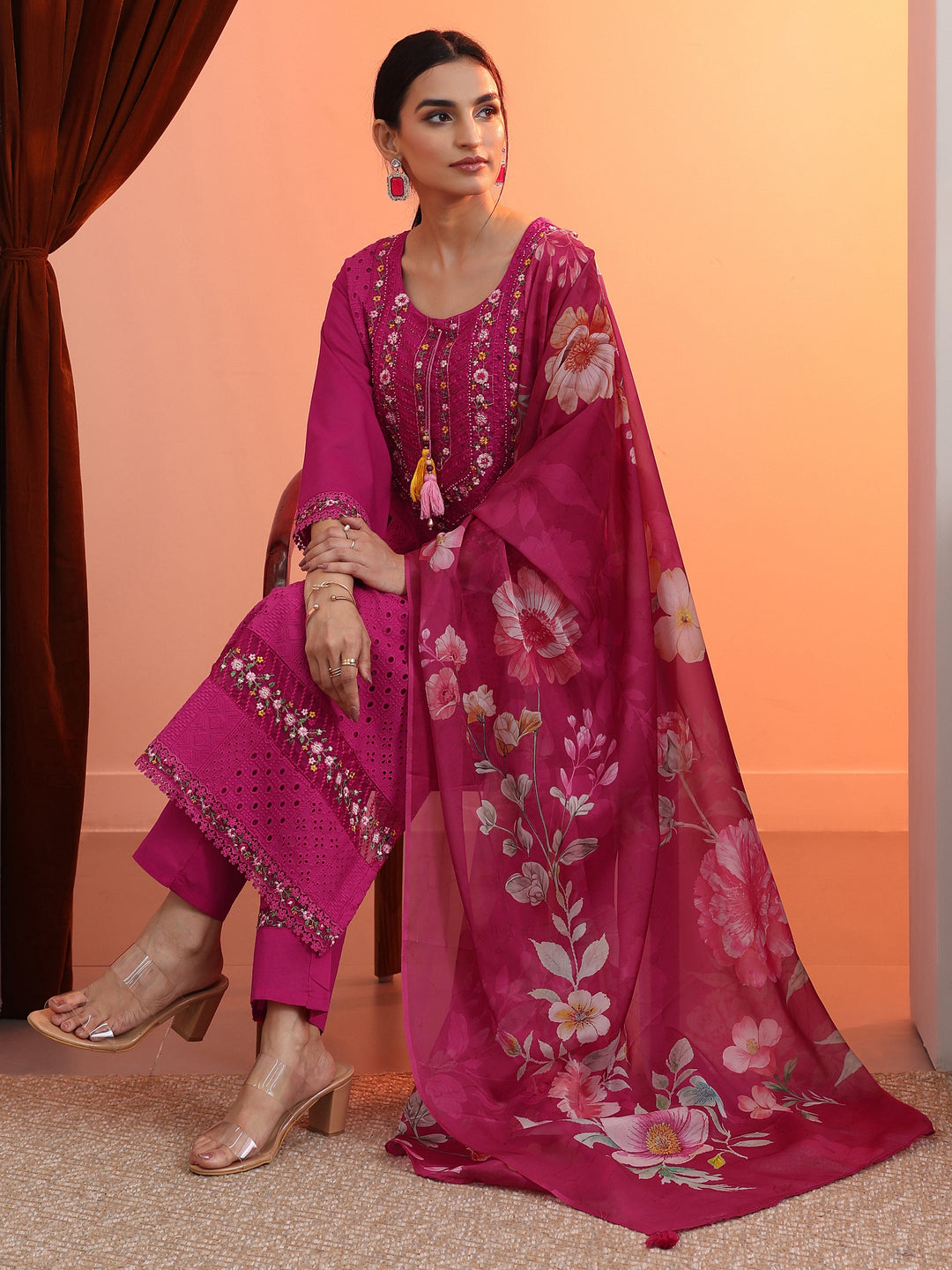  Pink Embroidered Cotton Straight Suit Set With Dupatta 