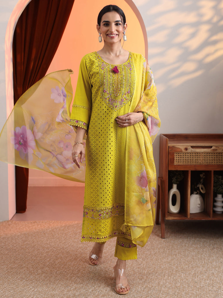 Libas Mustard Embroidered Cotton Straight Suit Set With Dupatta