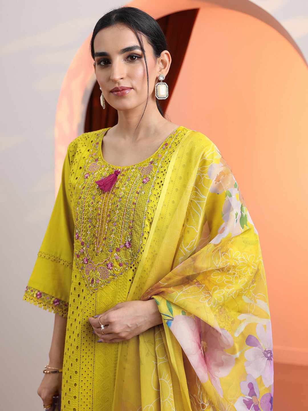  Mustard Embroidered Cotton Straight Suit Set With Dupatta 