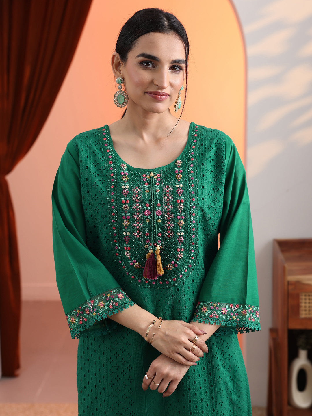  Green Embroidered Cotton Straight Suit Set With Dupatta 