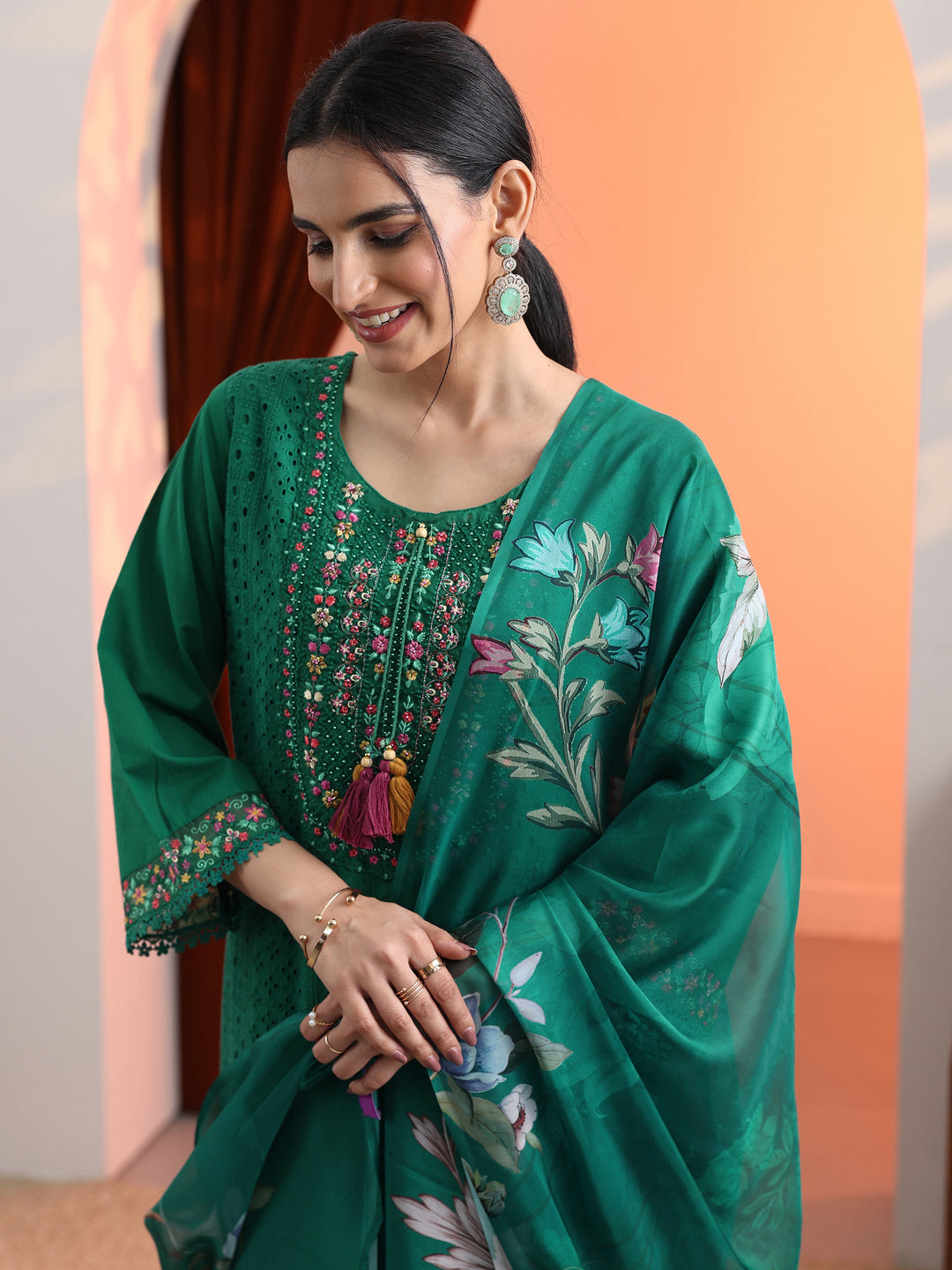  Green Embroidered Cotton Straight Suit Set With Dupatta 