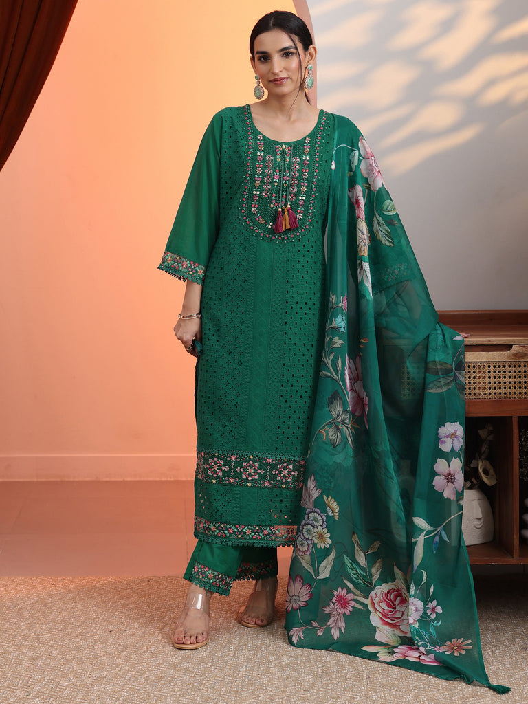 Libas Green Embroidered Cotton Straight Suit Set With Dupatta