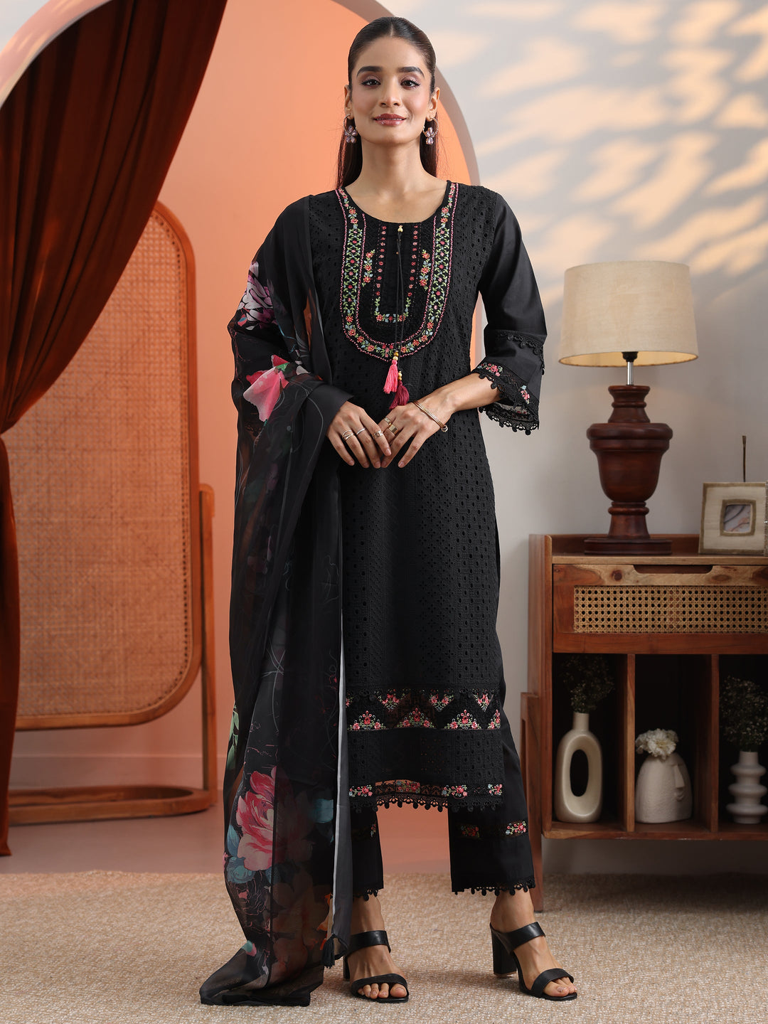  Black Embroidered Cotton Straight Suit Set With Dupatta 