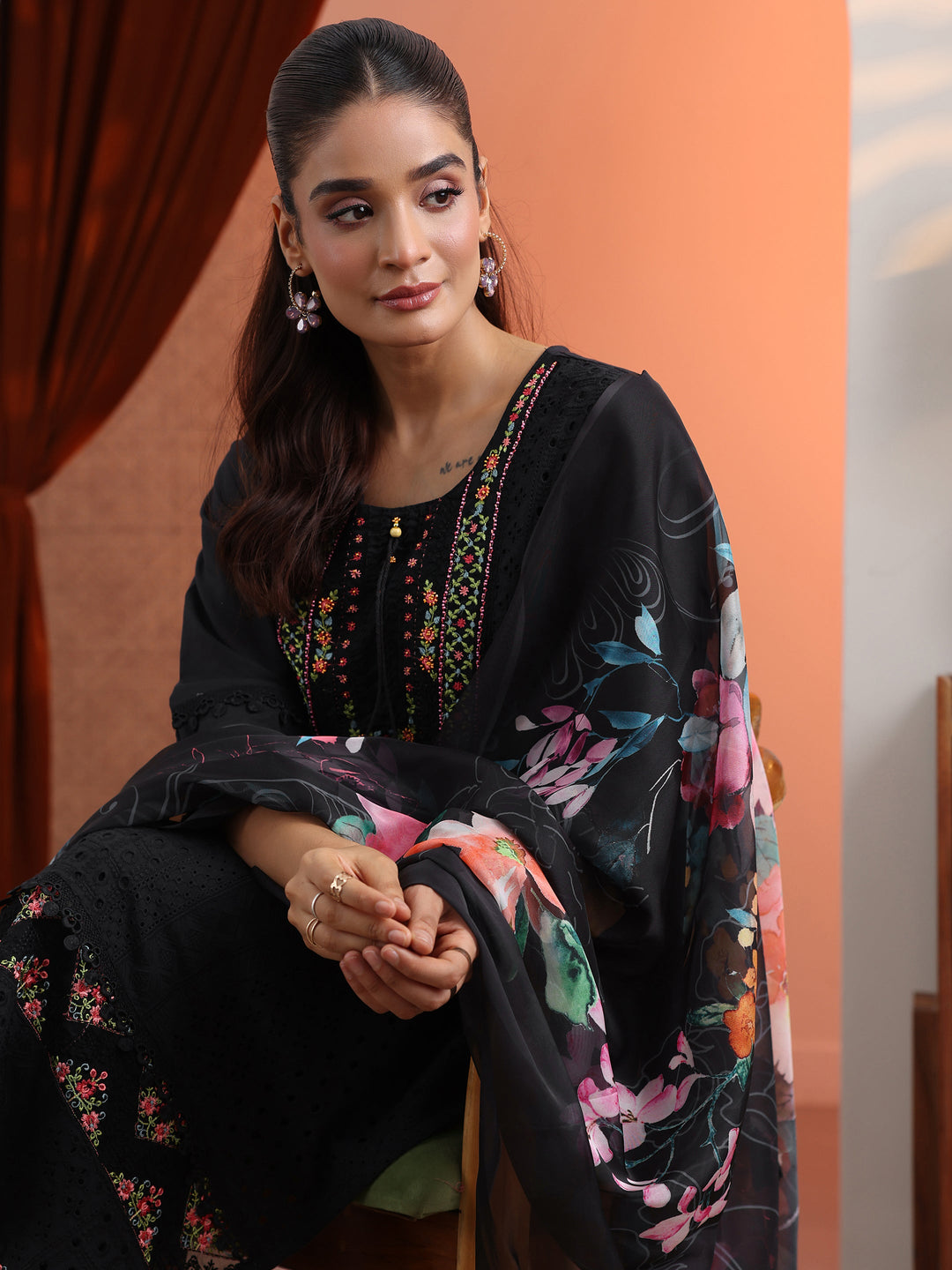  Black Embroidered Cotton Straight Suit Set With Dupatta 