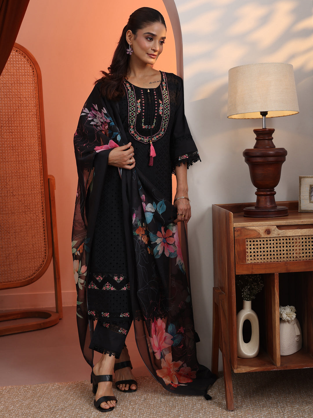  Black Embroidered Cotton Straight Suit Set With Dupatta 