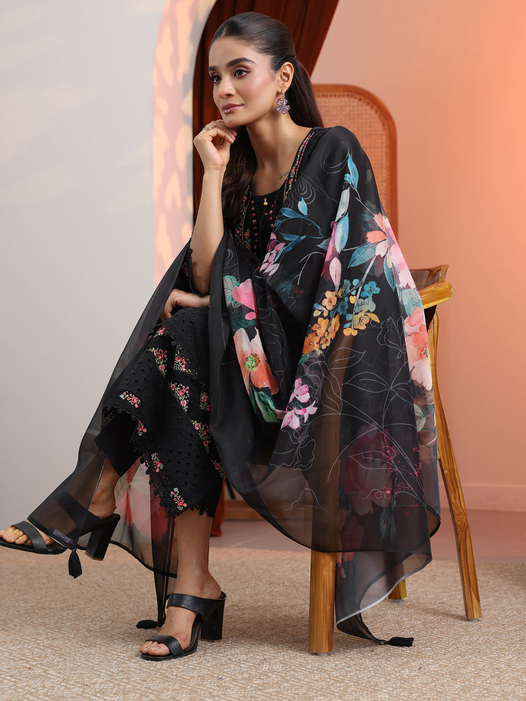  Black Embroidered Cotton Straight Suit Set With Dupatta 