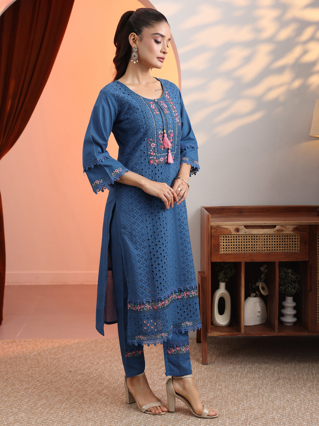  Blue Embroidered Cotton Straight Suit Set With Dupatta 