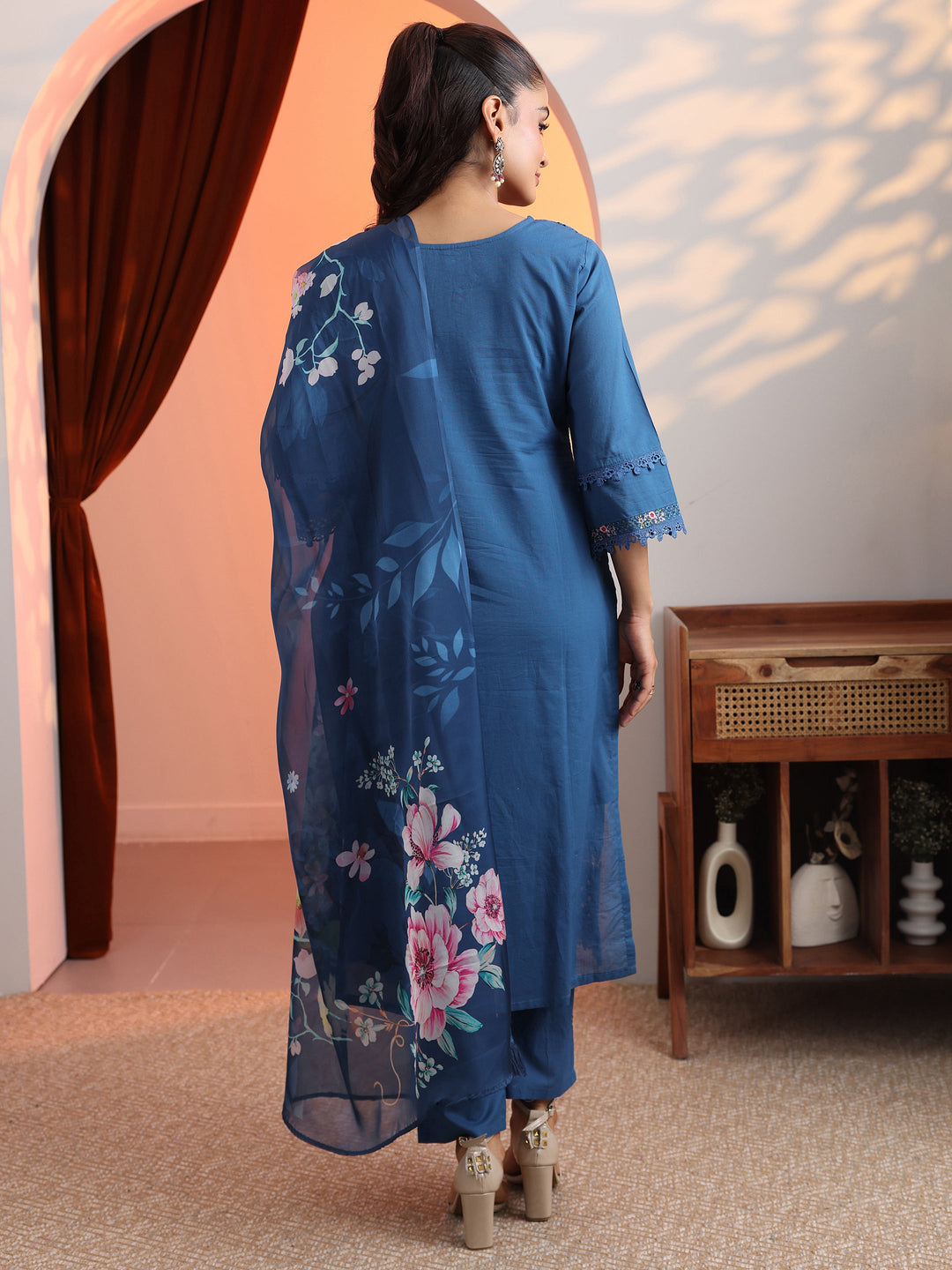  Blue Embroidered Cotton Straight Suit Set With Dupatta 