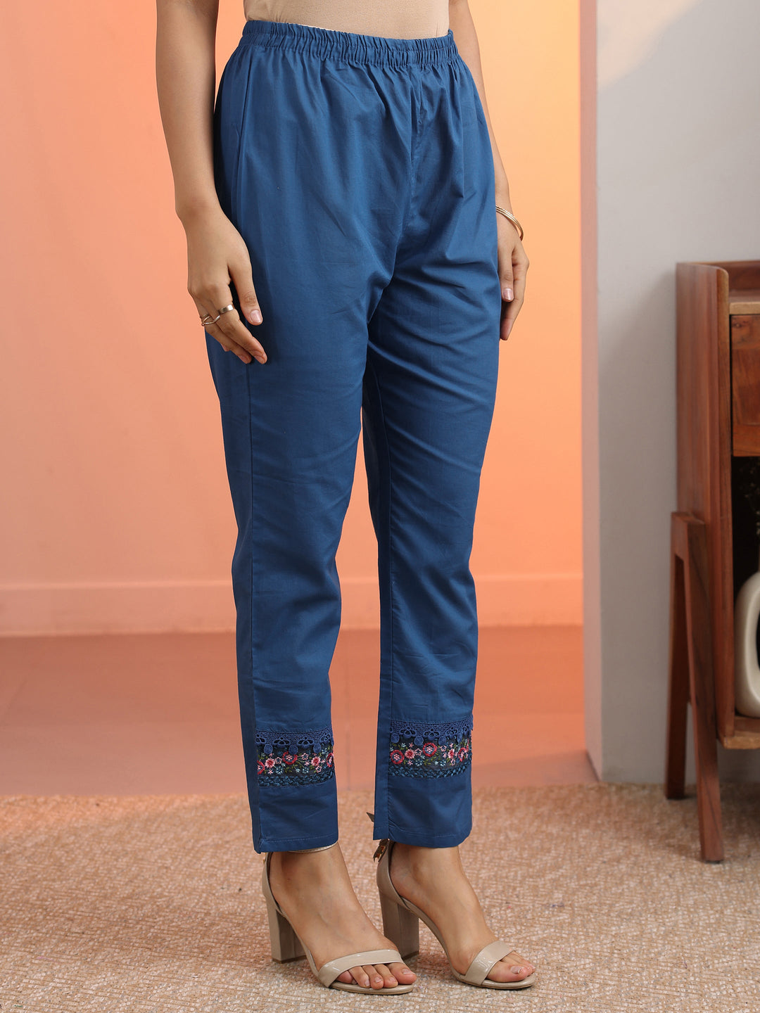  Blue Embroidered Cotton Straight Suit Set With Dupatta 
