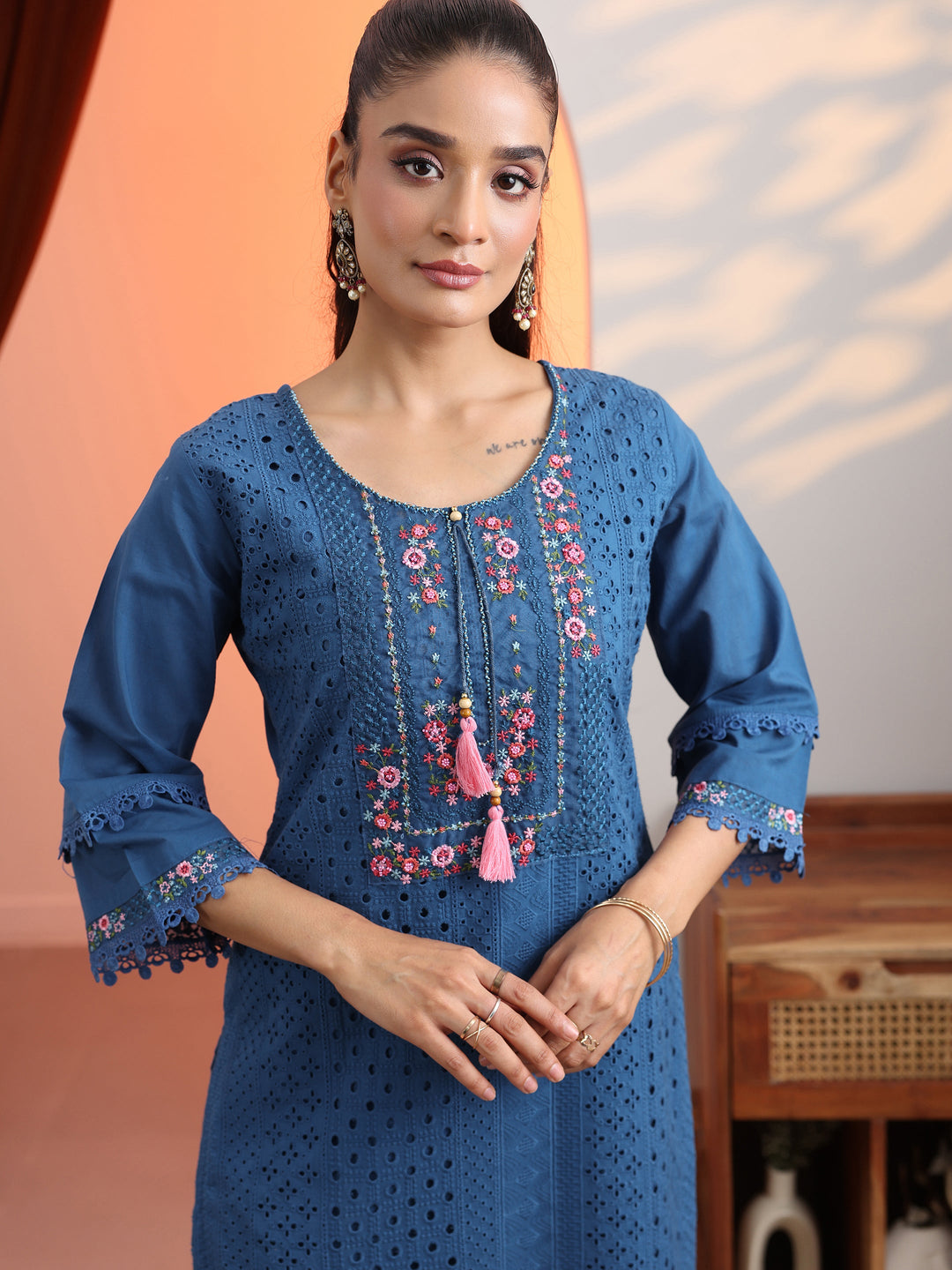  Blue Embroidered Cotton Straight Suit Set With Dupatta 