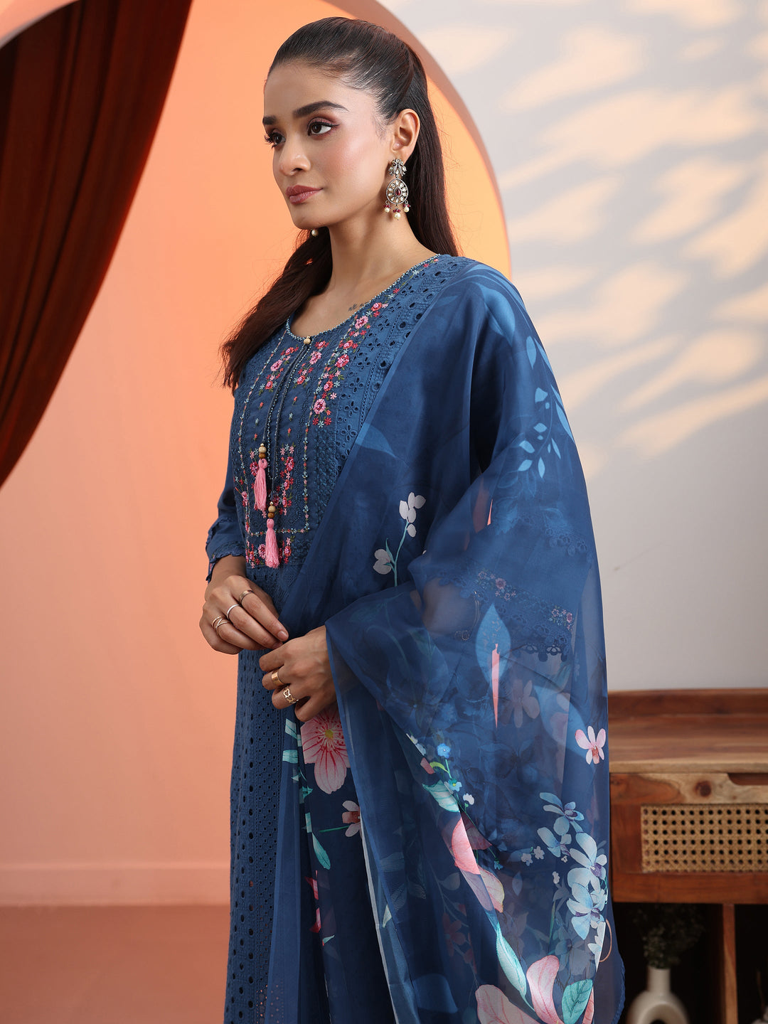  Blue Embroidered Cotton Straight Suit Set With Dupatta 