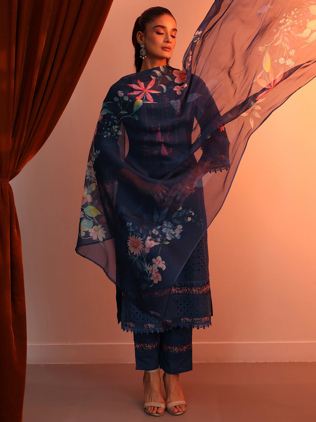  Blue Embroidered Cotton Straight Suit Set With Dupatta 