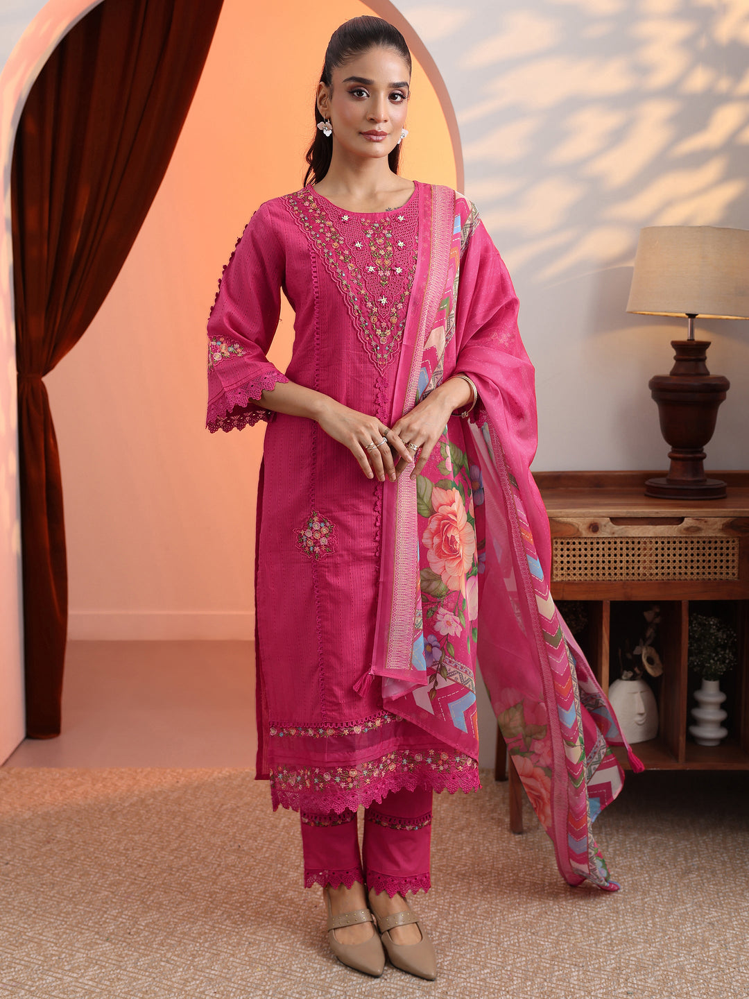  Coral Embroidered Cotton Straight Suit Set With Dupatta 
