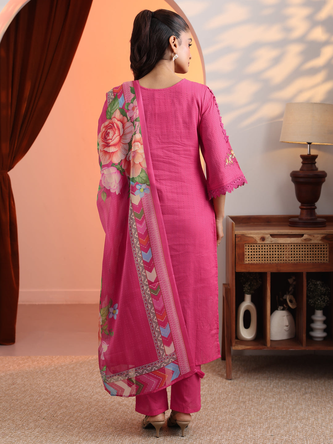  Coral Embroidered Cotton Straight Suit Set With Dupatta 