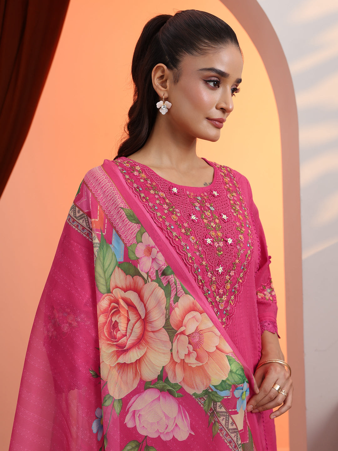  Coral Embroidered Cotton Straight Suit Set With Dupatta 
