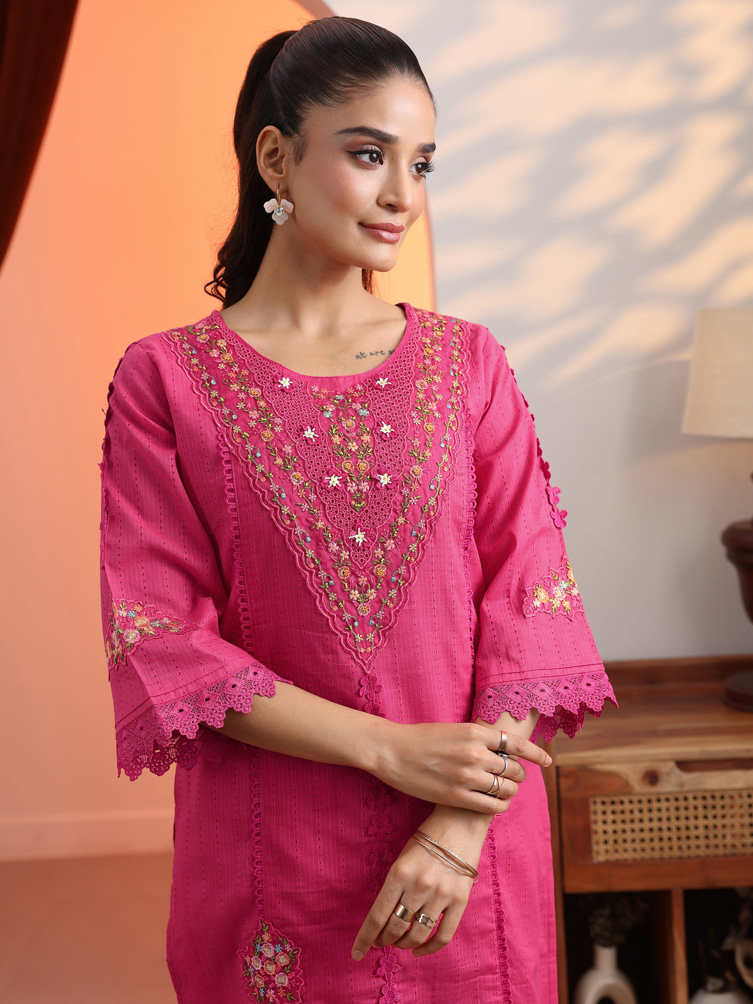  Coral Embroidered Cotton Straight Suit Set With Dupatta 