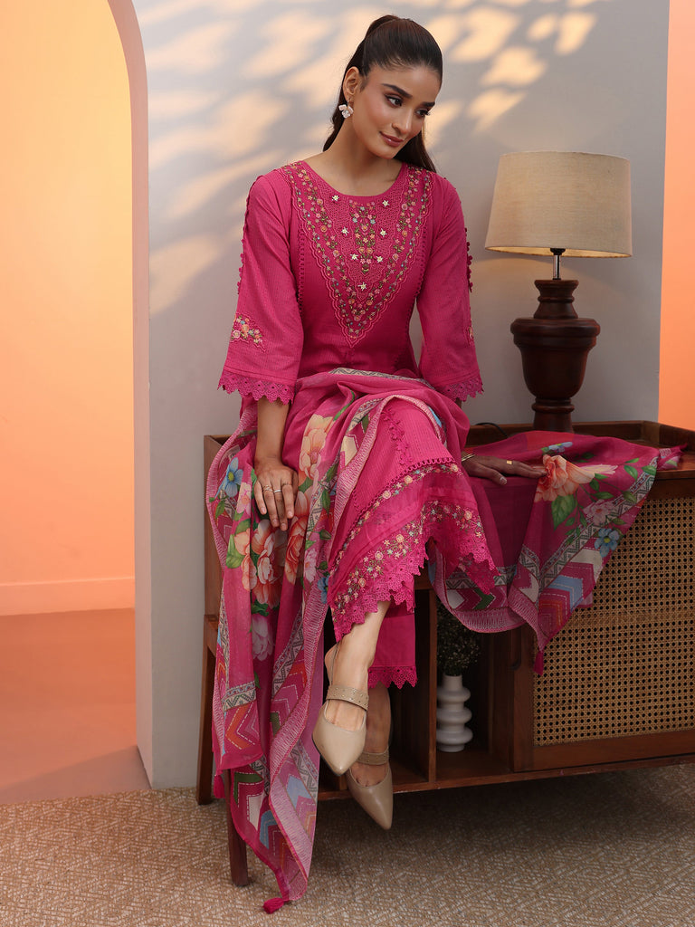 Libas Coral Embroidered Cotton Straight Suit Set With Dupatta