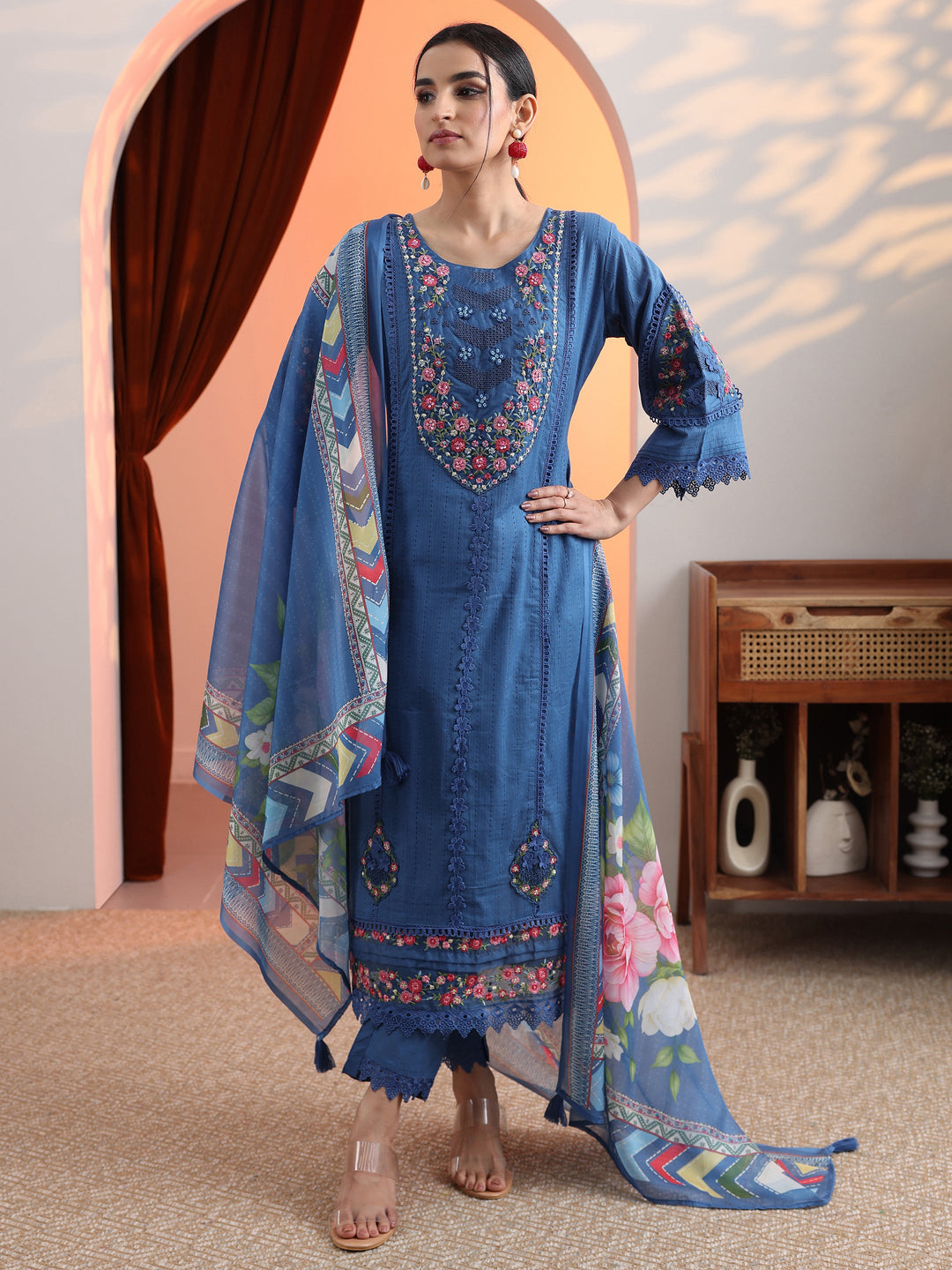  Blue Embroidered Cotton Straight Suit Set With Dupatta 