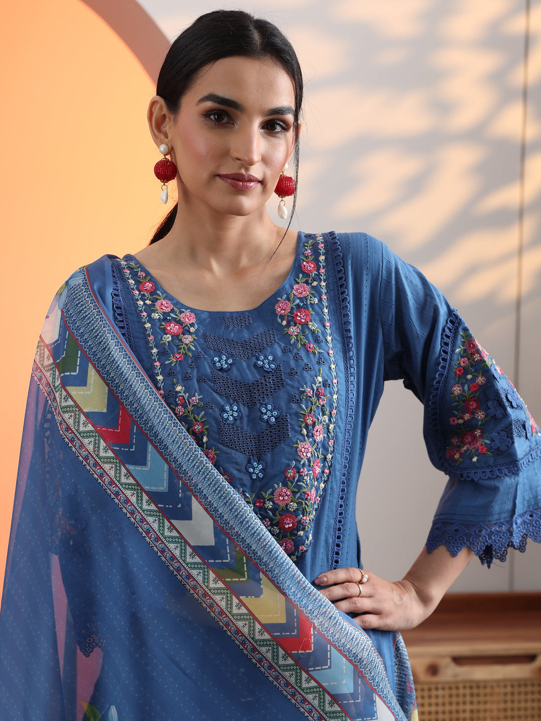  Blue Embroidered Cotton Straight Suit Set With Dupatta 