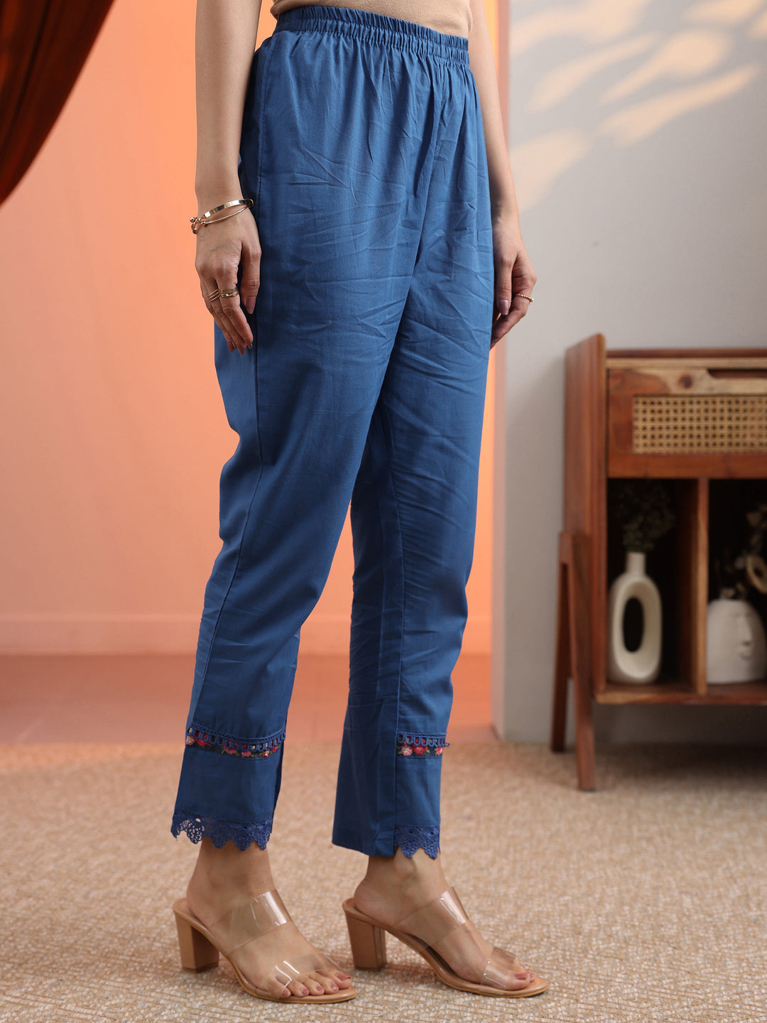  Blue Embroidered Cotton Straight Suit Set With Dupatta 