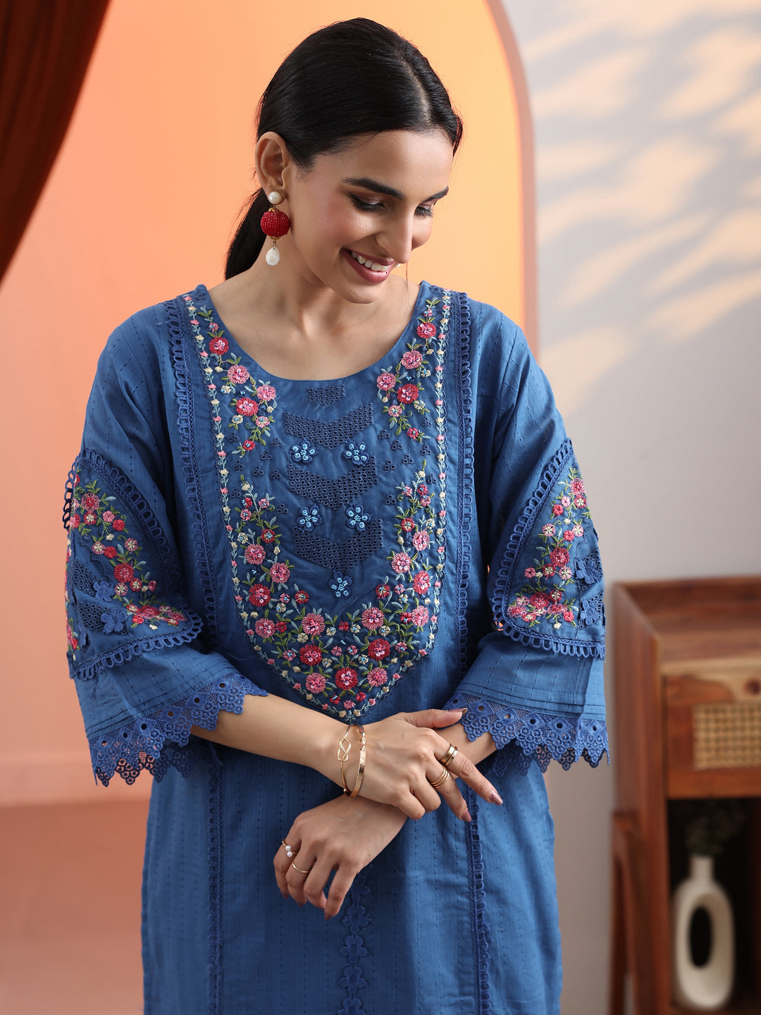  Blue Embroidered Cotton Straight Suit Set With Dupatta 