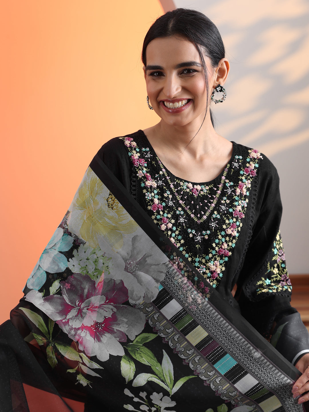  Black Embroidered Cotton Straight Suit Set With Dupatta 