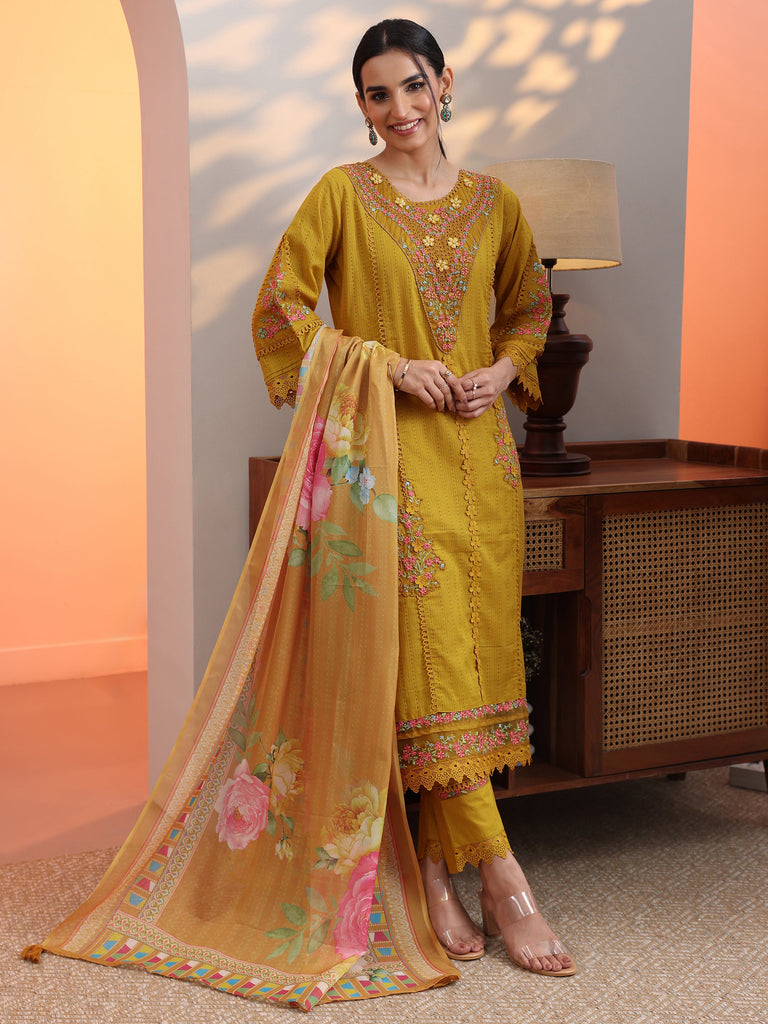 Libas Mustard Embroidered Cotton Straight Suit Set With Dupatta