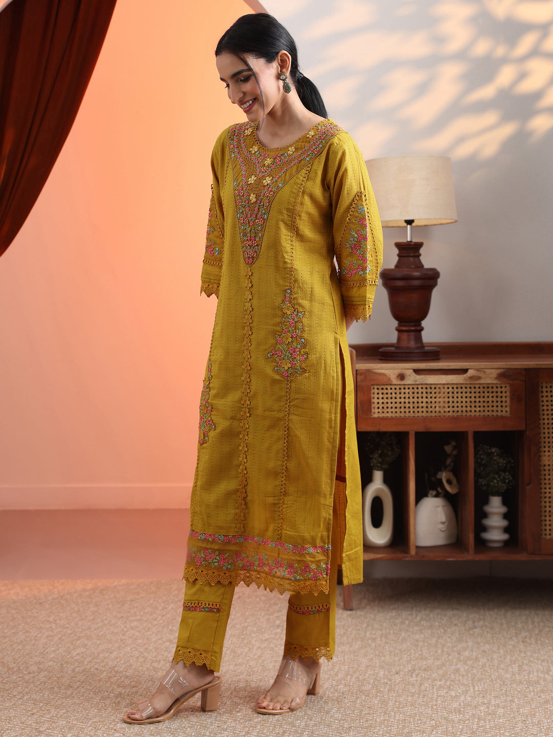  Mustard Embroidered Cotton Straight Suit Set With Dupatta 